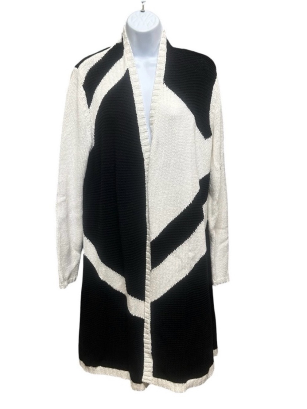 Chico's Black White Open Front Long Line Duster Cardigan Size M